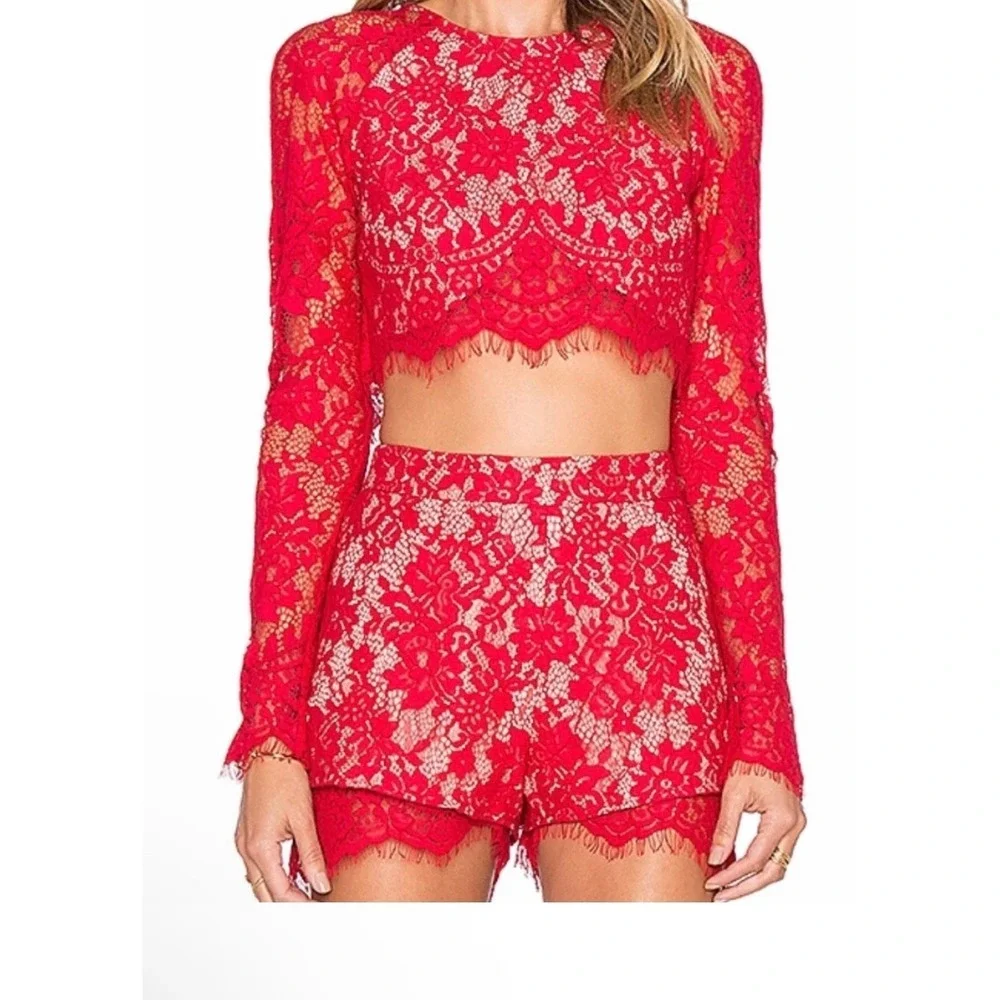 The Jetset Diaries Red Floral Lace Two Piece Set Crop Top and Shorts S/XS